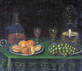 Image of painting Still life of fruit with decanters and glasses